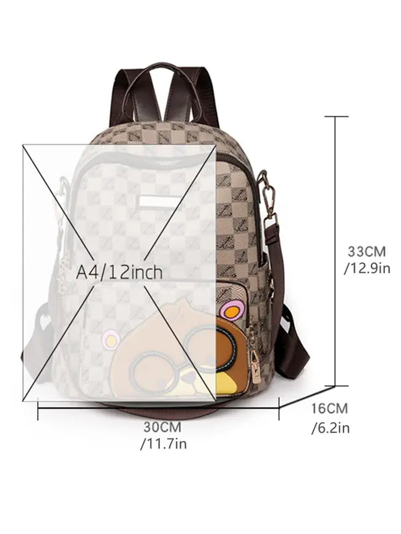 Cute Cartoon Bear Pattern Backpack for Summer, Plaid Print Zipper Backpacks for School for Women & Men, Large Capacity Bookbag for Daily Used and Worked, Spring Trendy Fashion Mini Backpack Bags