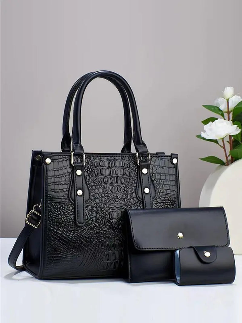 Summer Women'S Fashion Shoulder Bag Set, Including Random Crocodile Pattern Tote Bag, Flap Square Bag, Wallet, Simple Casual Matching Solid Bag Set for Women as Anniversary Gift