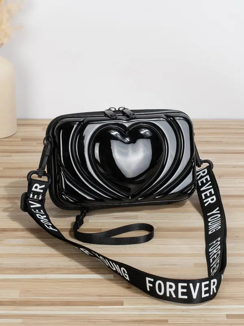 Heart Embossed Letter Print Adjustable Strap Pvc Shoulder Bag, Casual Zipper Crossbody Square Shape Bag for Daily Use, Perfect for Birthday Style for Women