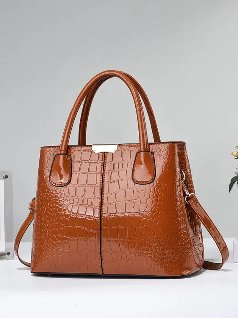 Women'S Minimalist Elegant Plain Tote Bag, Summer 2024 Trendy Crocodile Embossed Large Volume Commuter Handbag with Adjustable Strap for Work & Daily Used