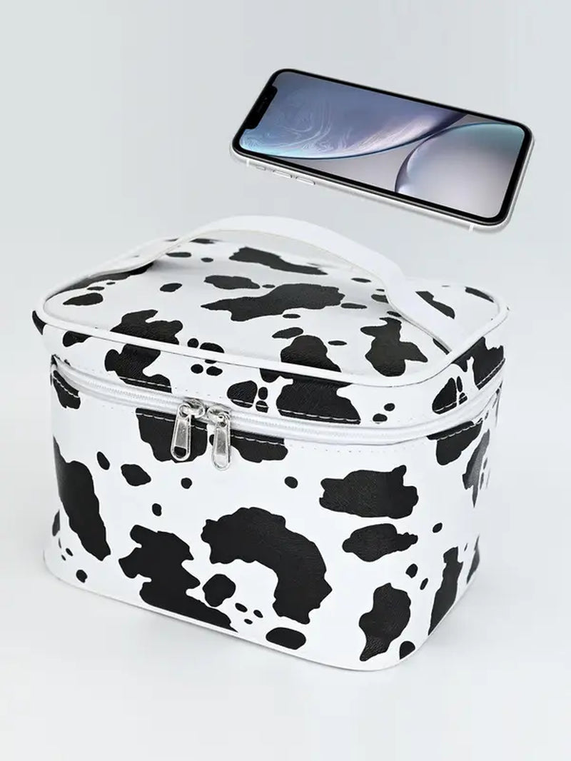 Cute Waterproof Cow Print Makeup Bag, Large Capacity Travel Cosmetic Storage Bag, Portable Toiletry Bag