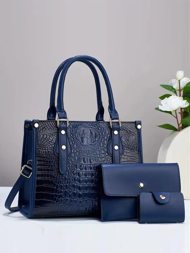 Summer Women'S Fashion Shoulder Bag Set, Including Random Crocodile Pattern Tote Bag, Flap Square Bag, Wallet, Simple Casual Matching Solid Bag Set for Women as Anniversary Gift