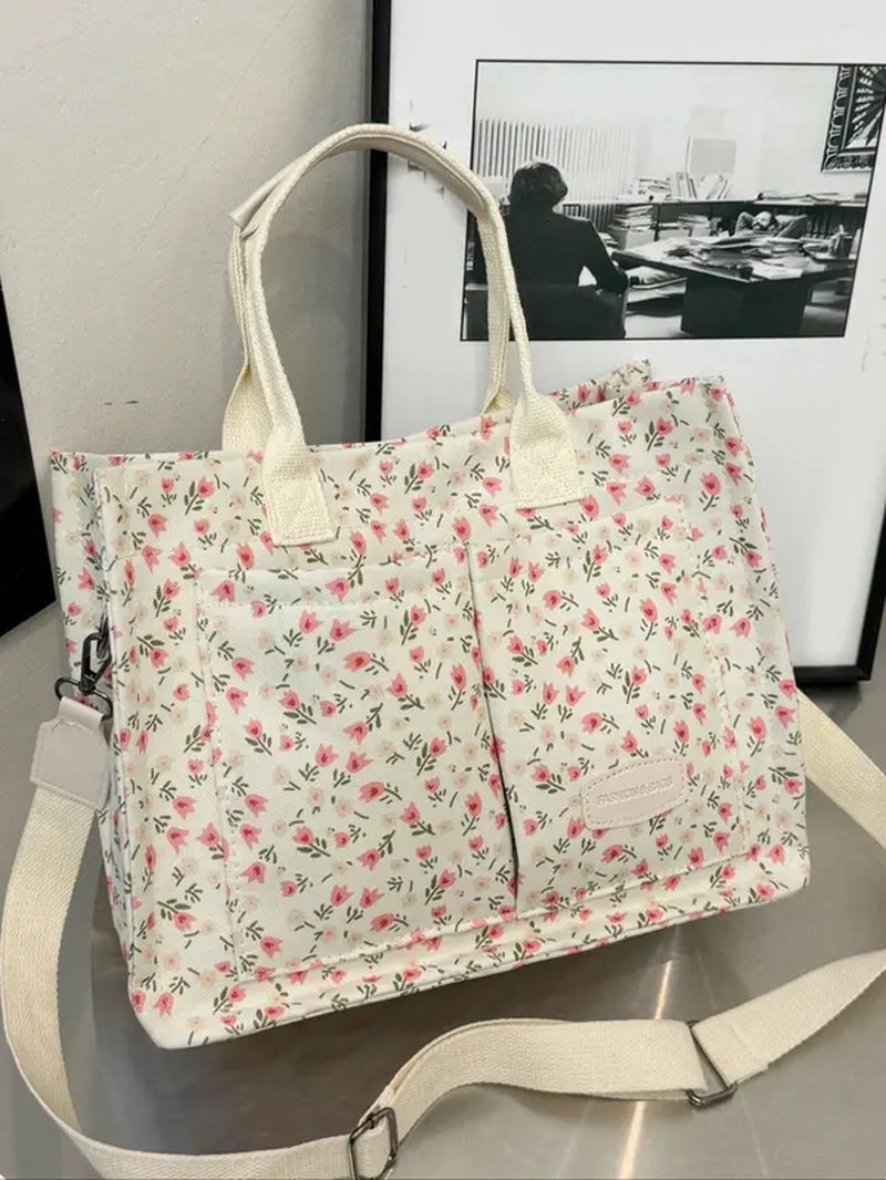 Solid Color/Flower & Fruit & Heart Pattern Summer 2024 Everything Tote Bag for Women, Large Capacity Work Tote Bag, Travel Essentials, Multiple Pocket Work Bag