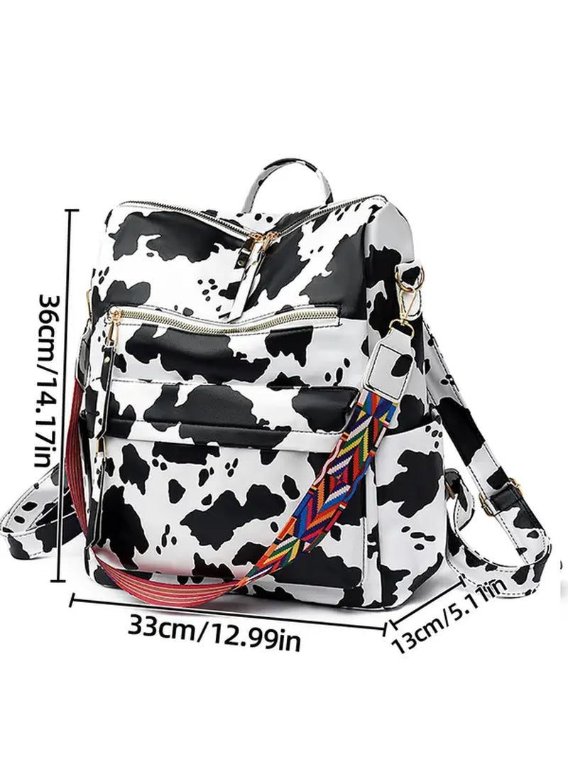 Summer Casual Western Style Cow Print Backpack, Large Capacity Pu Leather Zipper Backpack for Women & Girls, Retro Cowboy for Commuters Back to School