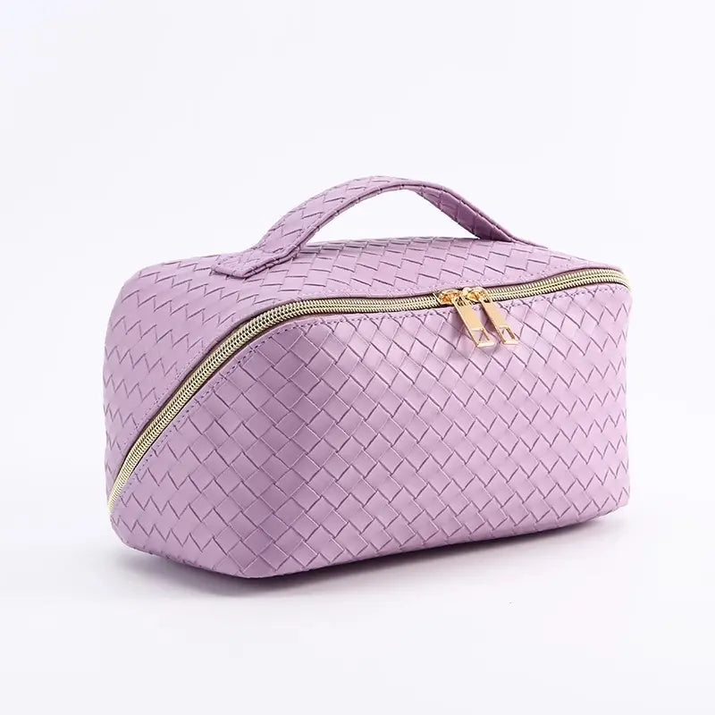 Large Capacity Travel Cosmetic Bag - Makeup Bag, PU Leather Waterproof Cosmetic Bag, Women Portable Travel Makeup Bag with Handle and Divider Flat Lay Makeup Organizer Bag