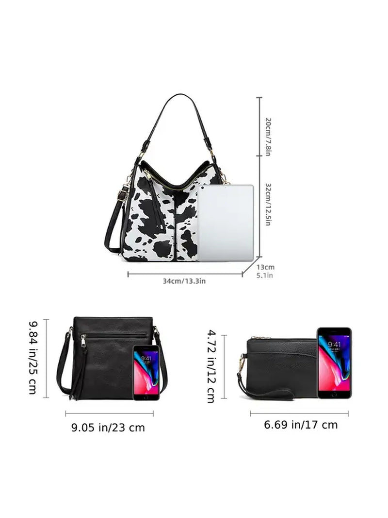 3Pcs Random Pattern Large Capacity Tote Bag Set, Fashionable Pu Leather Shoulder Bag & Crossbody Bag & Wallet Set, Versatile Bag Set for Work & Daily Used