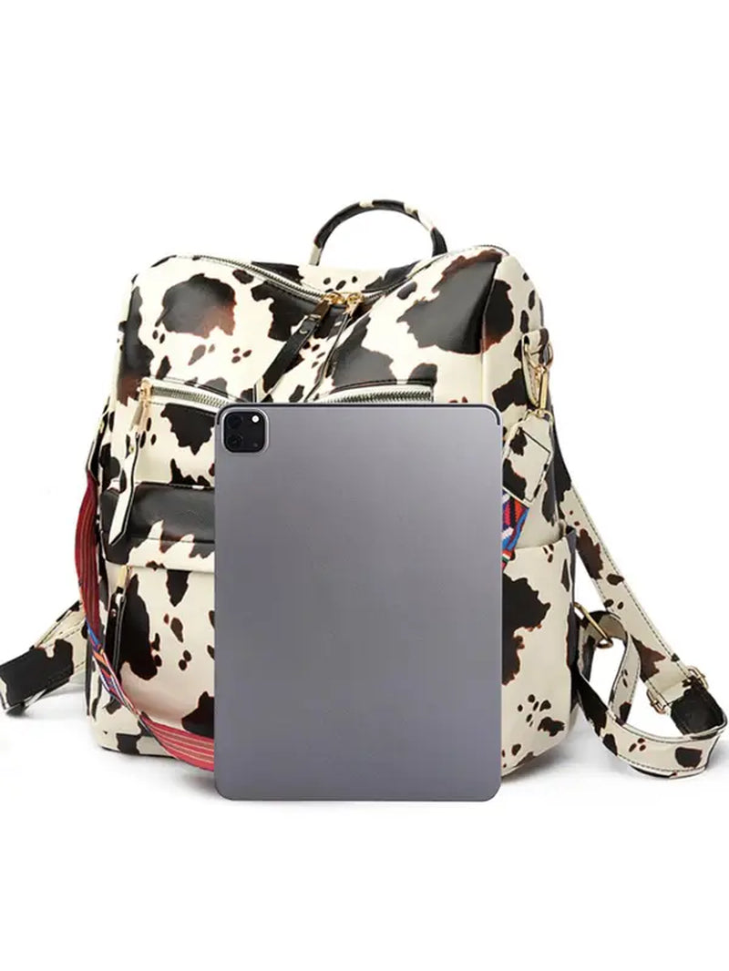 Summer Casual Western Style Cow Print Backpack, Large Capacity Pu Leather Zipper Backpack for Women & Girls, Retro Cowboy for Commuters Back to School