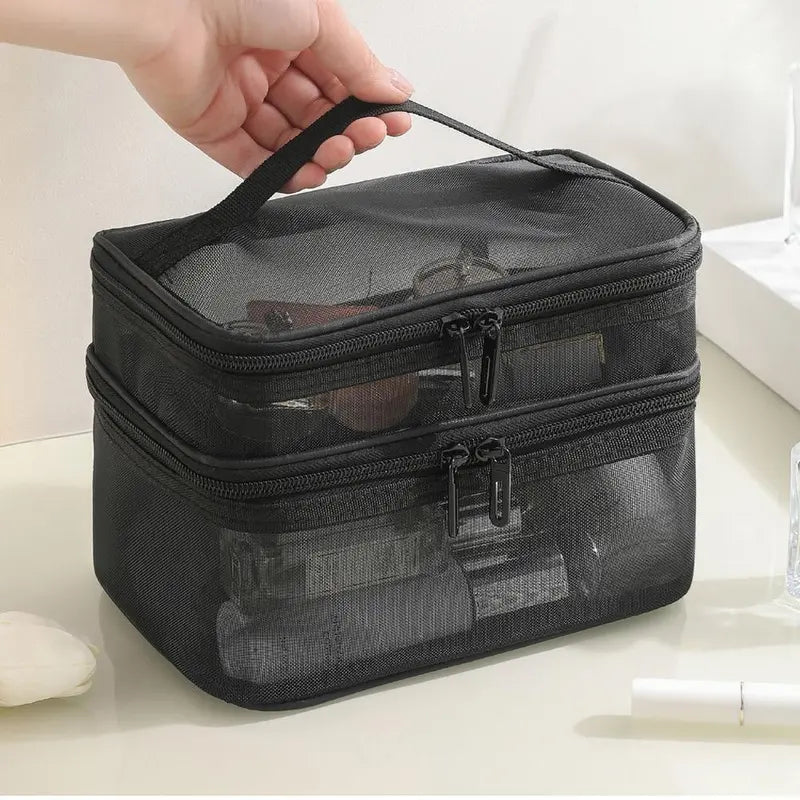 Travel Double-Layer Cosmetic Storage Makeup Bag, Large Capacity Mesh Cosmetic Bag, Portable Travel Bag Makeup Bag Toiletry Bag, Zipper Makeup Organizer Pouch