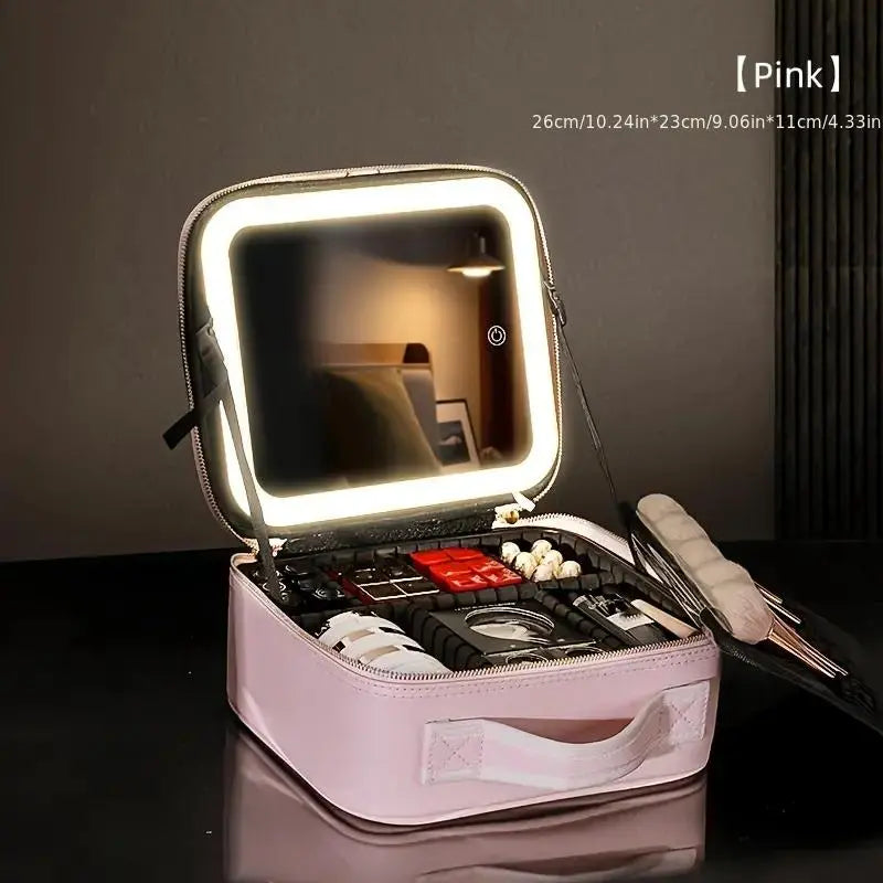 Portable Makeup Bag with Mirror & Light, 3 Colors Space Saving Travel Makeup Bag, Large Capacity Cosmetic Storage Bag Gift, Travel Makeup Organizer, Makeup Tool for Women & Girls, Trending Products for Summer Gifts