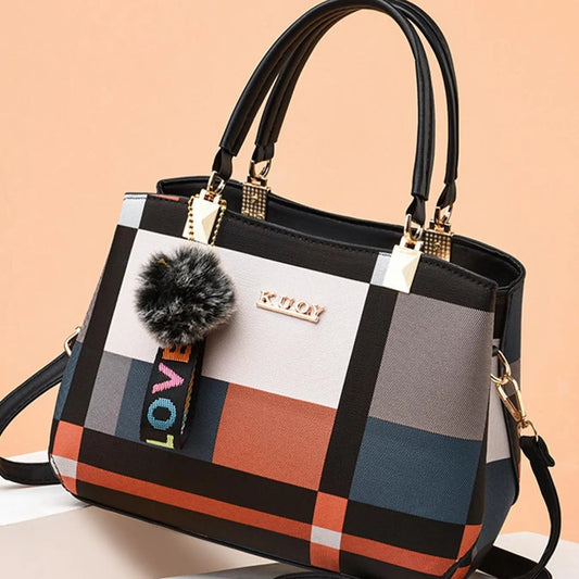 Colorblock Check Pattern Letter Label Zipper Handbag, with Pom Pom Decor Charm & Adjustable Shoulder Strap, Trendy & Versatile Pu Leather Texture Bag