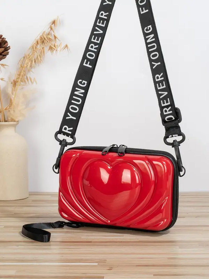 Heart Embossed Letter Print Adjustable Strap Pvc Shoulder Bag, Casual Zipper Crossbody Square Shape Bag for Daily Use, Perfect for Birthday Style for Women