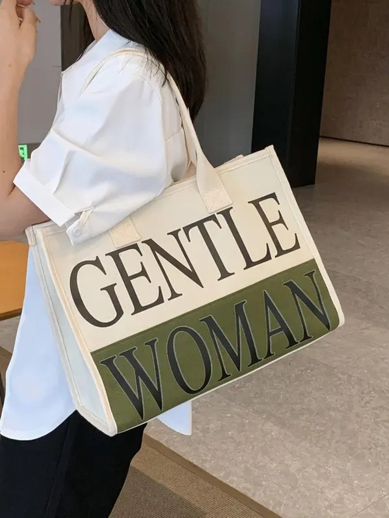 Women'S Casual Canvas Letter Pattern Zip Tote Bag