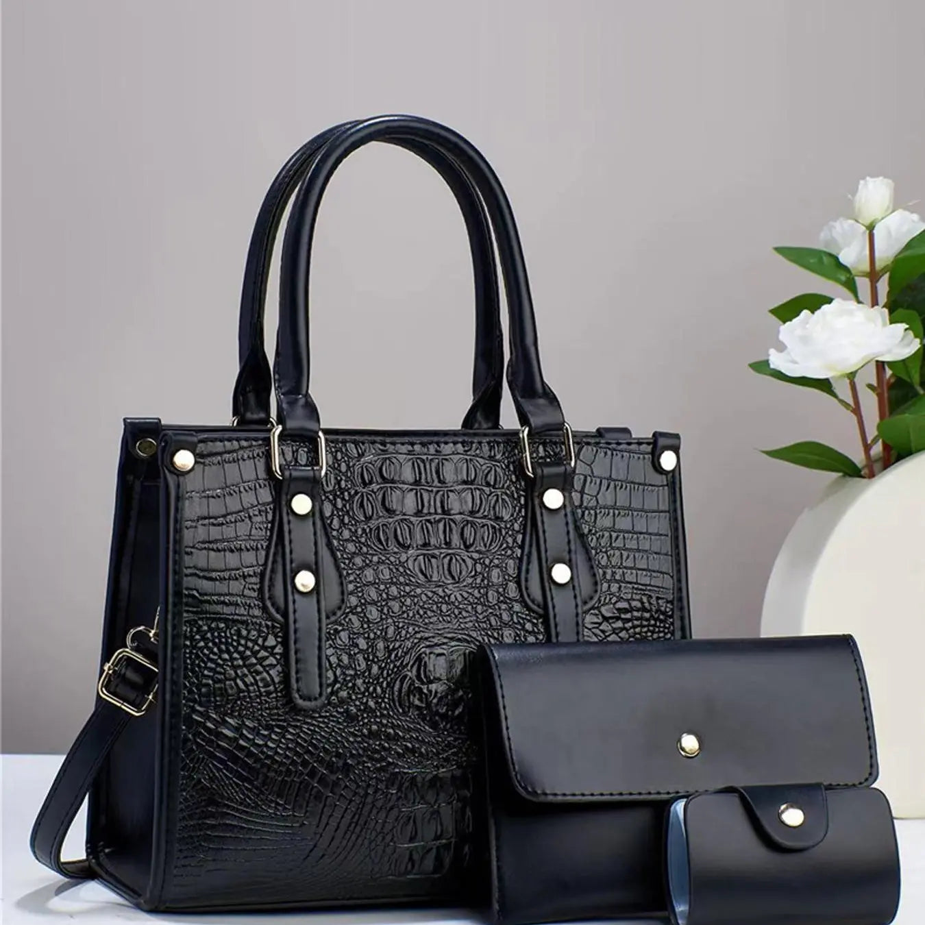 Summer Women'S Fashion Shoulder Bag Set, Including Random Crocodile Pattern Tote Bag, Flap Square Bag, Wallet, Simple Casual Matching Solid Bag Set for Women as Anniversary Gift