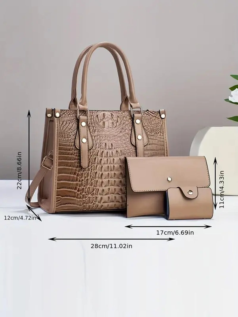 Summer Women'S Fashion Shoulder Bag Set, Including Random Crocodile Pattern Tote Bag, Flap Square Bag, Wallet, Simple Casual Matching Solid Bag Set for Women as Anniversary Gift