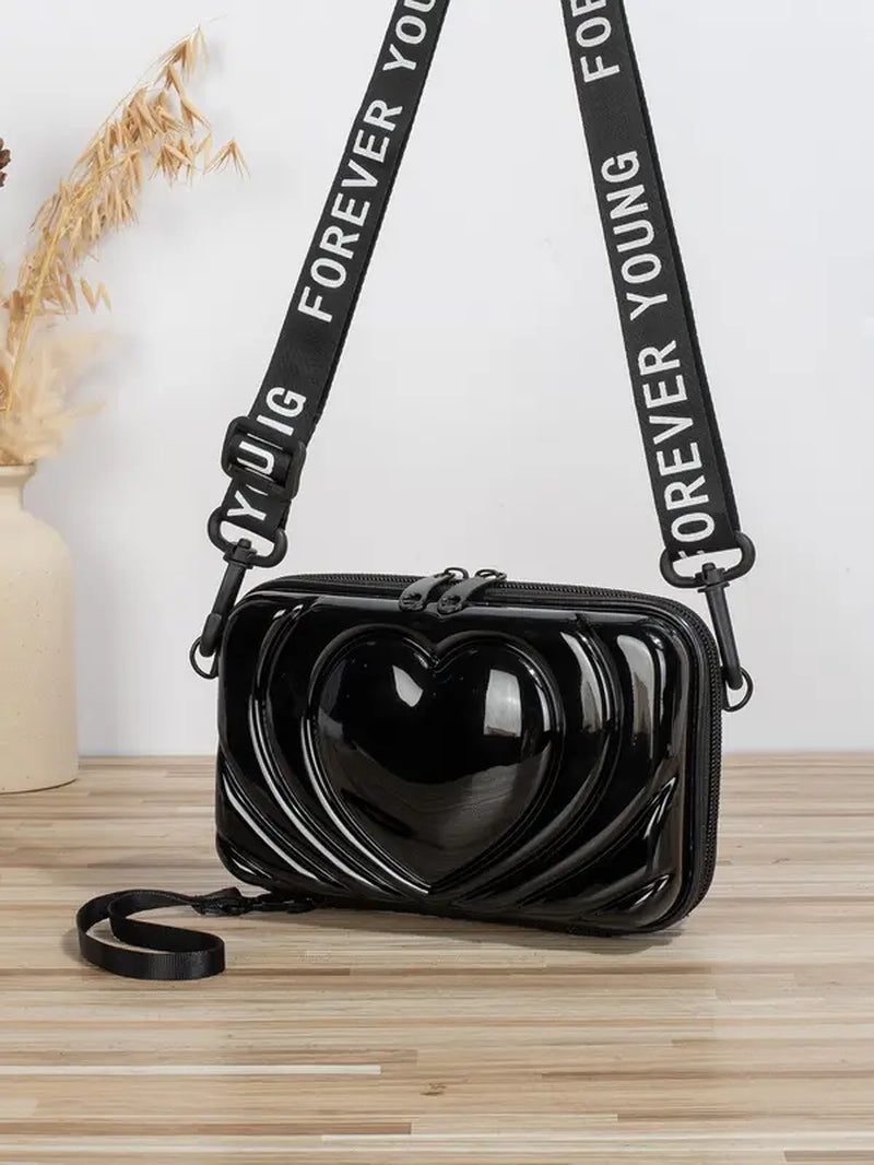 Heart Embossed Letter Print Adjustable Strap Pvc Shoulder Bag, Casual Zipper Crossbody Square Shape Bag for Daily Use, Perfect for Birthday Style for Women