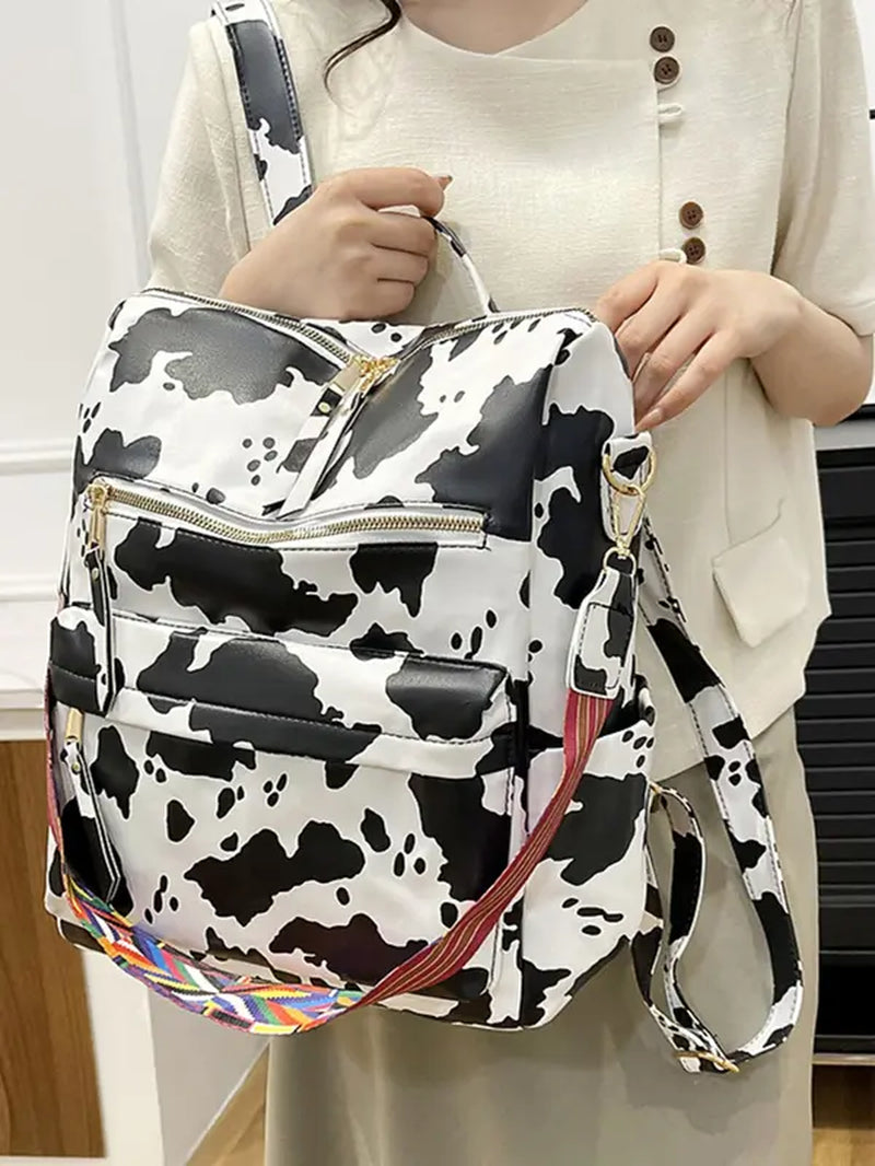 Summer Casual Western Style Cow Print Backpack, Large Capacity Pu Leather Zipper Backpack for Women & Girls, Retro Cowboy for Commuters Back to School