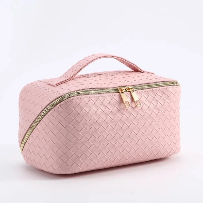 Large Capacity Travel Cosmetic Bag - Makeup Bag, PU Leather Waterproof Cosmetic Bag, Women Portable Travel Makeup Bag with Handle and Divider Flat Lay Makeup Organizer Bag