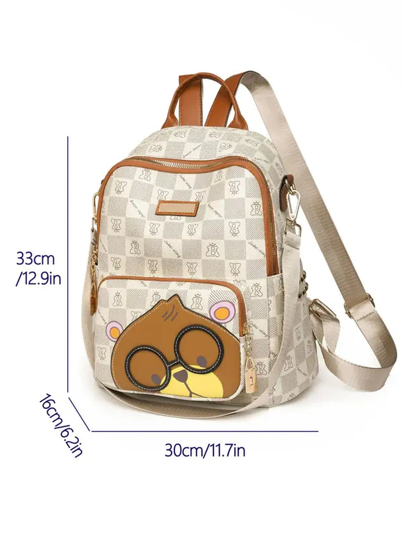 Cute Cartoon Bear Pattern Backpack for Summer, Plaid Print Zipper Backpacks for School for Women & Men, Large Capacity Bookbag for Daily Used and Worked, Spring Trendy Fashion Mini Backpack Bags