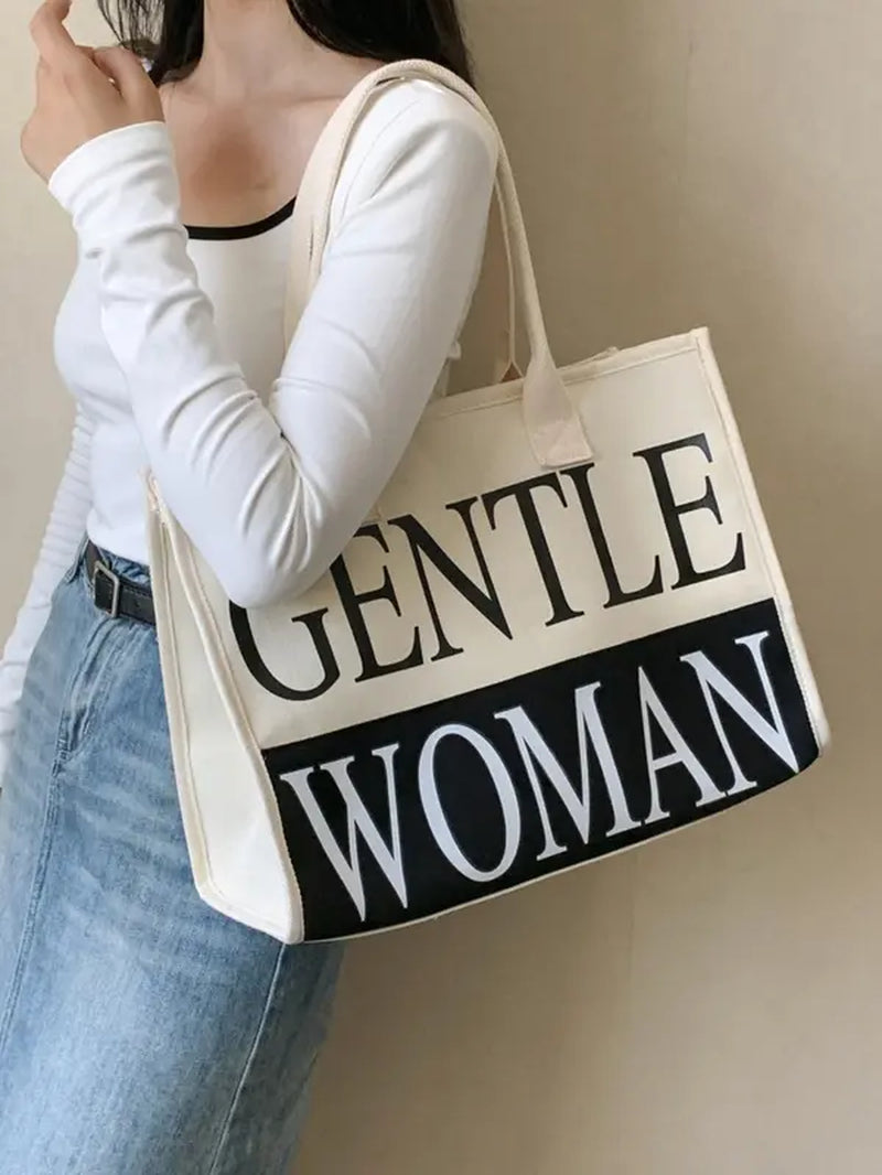 Women'S Casual Canvas Letter Pattern Zip Tote Bag