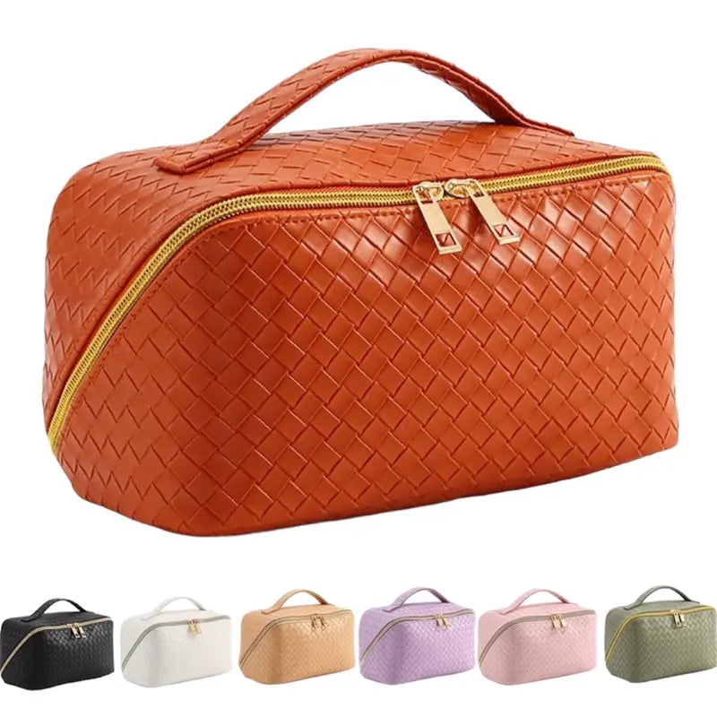 Large Capacity Travel Cosmetic Bag - Makeup Bag, PU Leather Waterproof Cosmetic Bag, Women Portable Travel Makeup Bag with Handle and Divider Flat Lay Makeup Organizer Bag