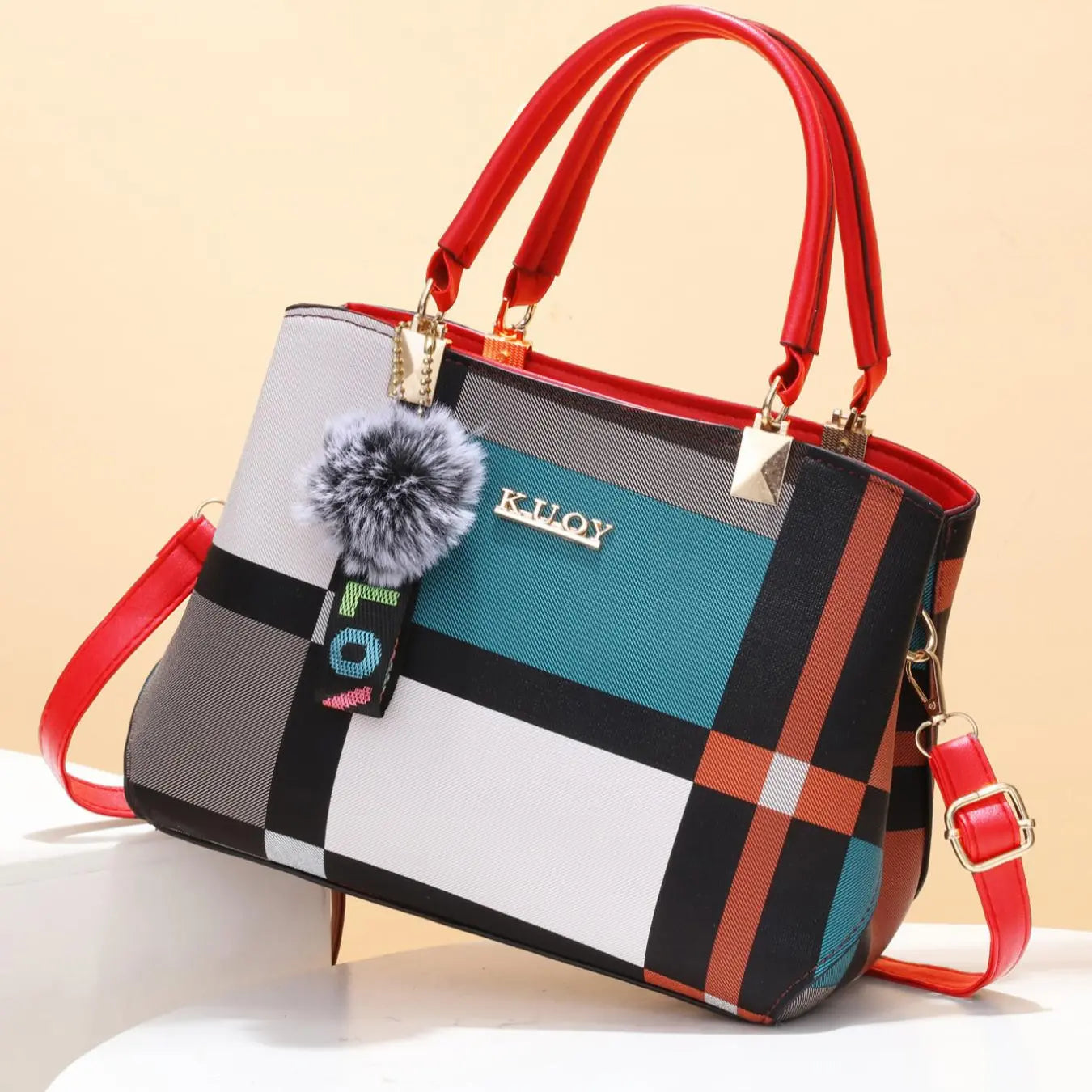 Colorblock Check Pattern Letter Label Zipper Handbag, with Pom Pom Decor Charm & Adjustable Shoulder Strap, Trendy & Versatile Pu Leather Texture Bag