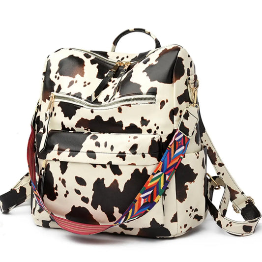 Summer Casual Western Style Cow Print Backpack, Large Capacity Pu Leather Zipper Backpack for Women & Girls, Retro Cowboy for Commuters Back to School