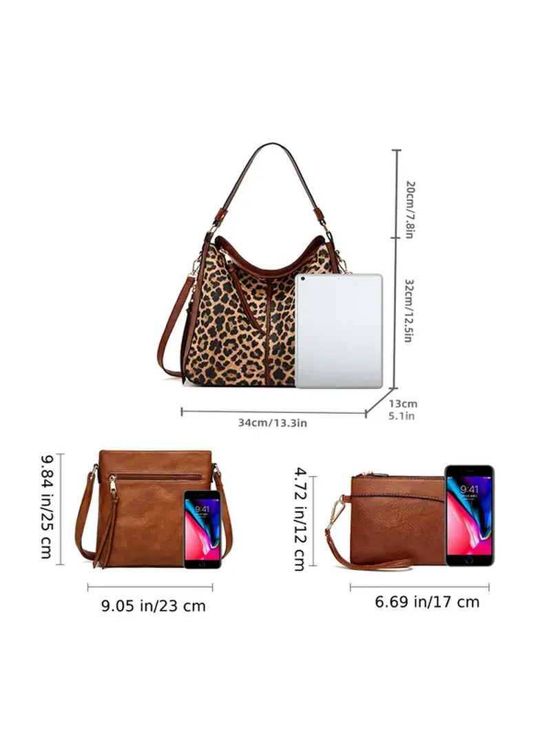 3Pcs Random Pattern Large Capacity Tote Bag Set, Fashionable Pu Leather Shoulder Bag & Crossbody Bag & Wallet Set, Versatile Bag Set for Work & Daily Used