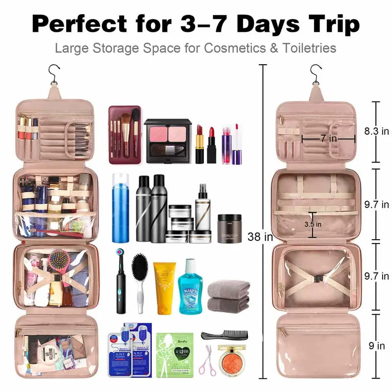 Hanging Makeup Toiletry Bag, Travel Cosmetic Organizer Bags with Metal Snap Handle for Women, Pink