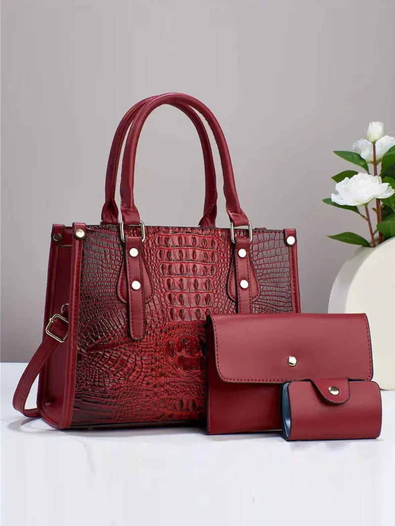 Summer Women'S Fashion Shoulder Bag Set, Including Random Crocodile Pattern Tote Bag, Flap Square Bag, Wallet, Simple Casual Matching Solid Bag Set for Women as Anniversary Gift