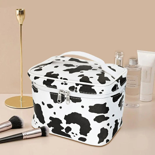 Cute Waterproof Cow Print Makeup Bag, Large Capacity Travel Cosmetic Storage Bag, Portable Toiletry Bag