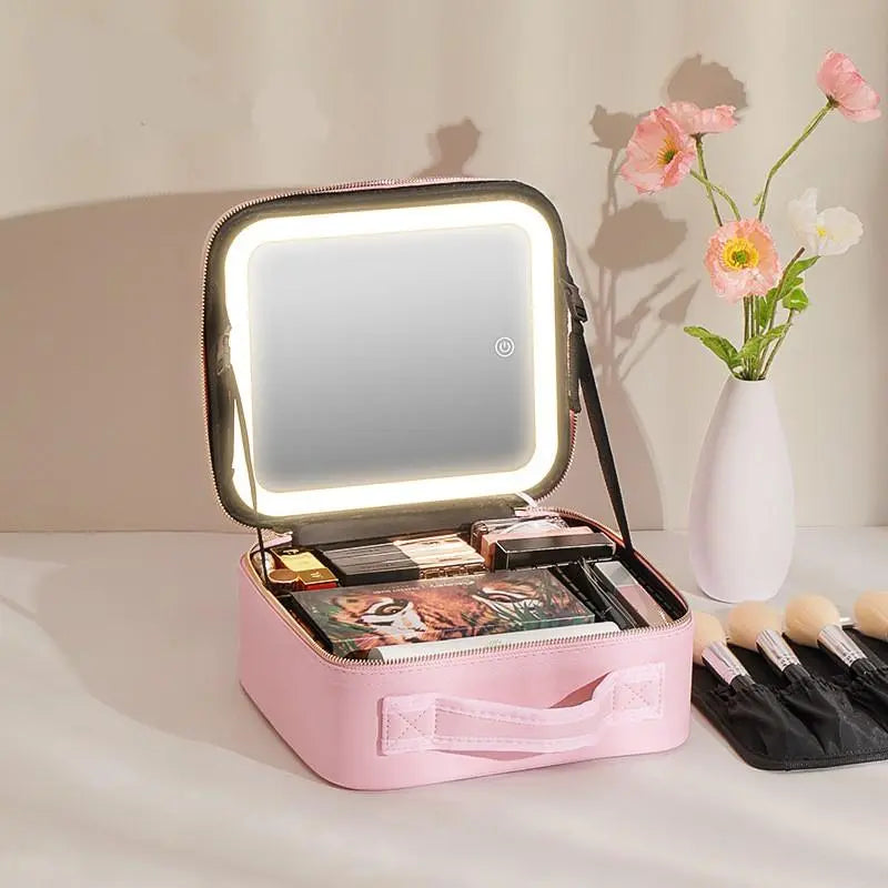 Portable Makeup Bag with Mirror & Light, 3 Colors Space Saving Travel Makeup Bag, Large Capacity Cosmetic Storage Bag Gift, Travel Makeup Organizer, Makeup Tool for Women & Girls, Trending Products for Summer Gifts