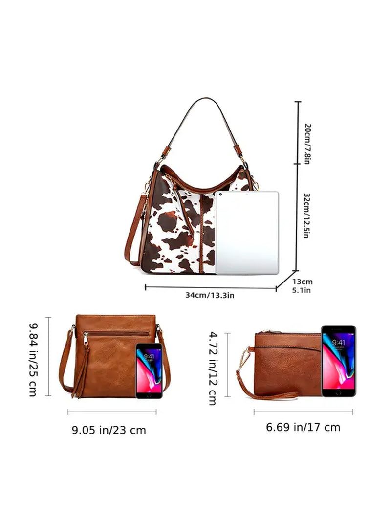 3Pcs Random Pattern Large Capacity Tote Bag Set, Fashionable Pu Leather Shoulder Bag & Crossbody Bag & Wallet Set, Versatile Bag Set for Work & Daily Used