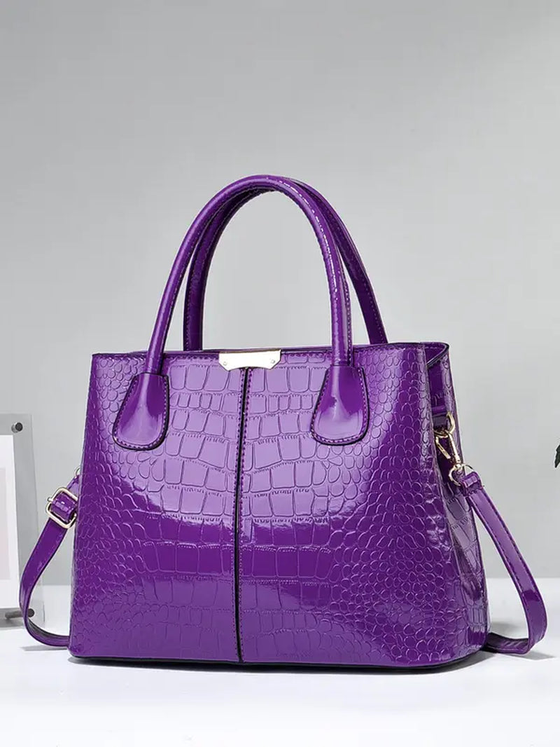 Women'S Minimalist Elegant Plain Tote Bag, Summer 2024 Trendy Crocodile Embossed Large Volume Commuter Handbag with Adjustable Strap for Work & Daily Used