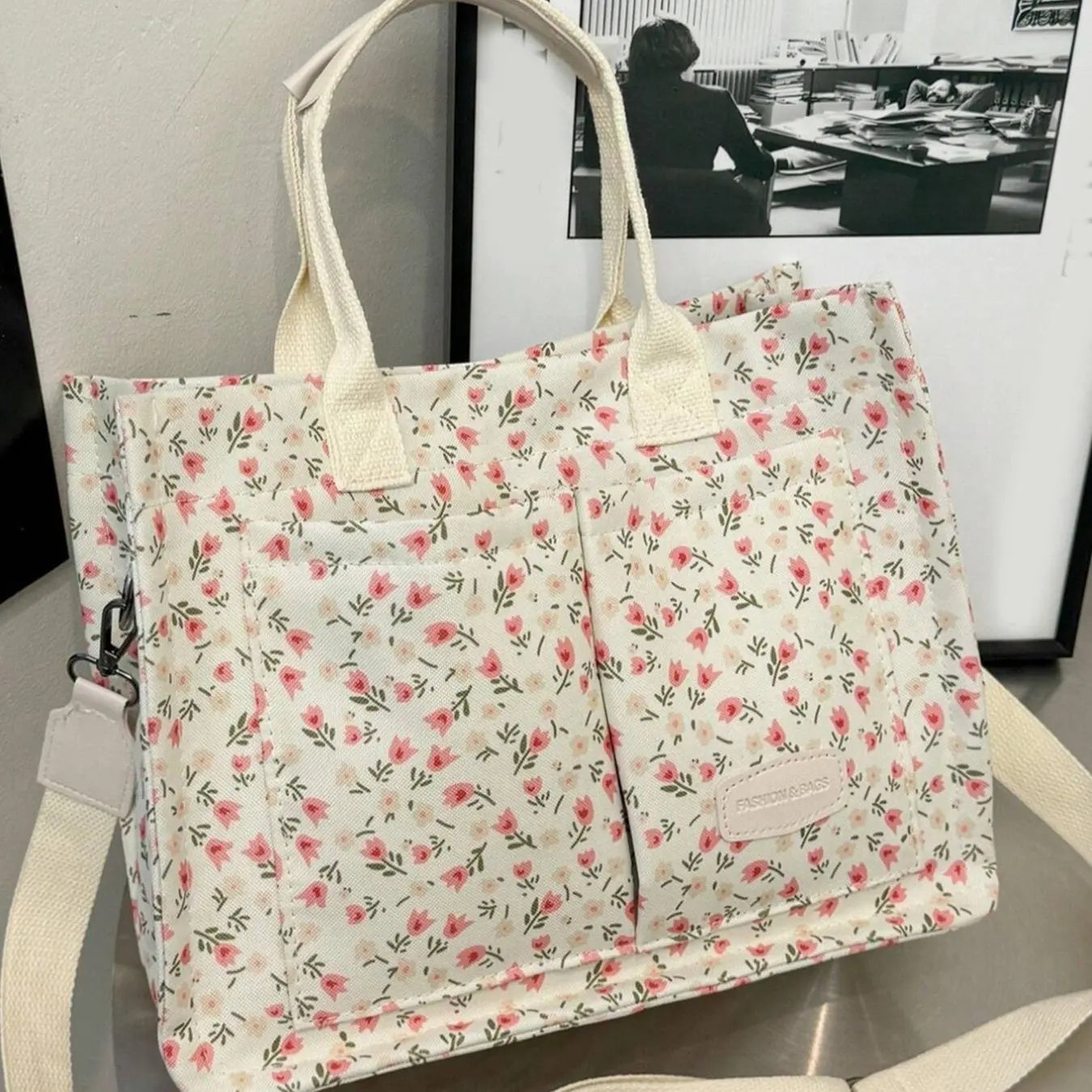 Solid Color/Flower & Fruit & Heart Pattern Summer 2024 Everything Tote Bag for Women, Large Capacity Work Tote Bag, Travel Essentials, Multiple Pocket Work Bag