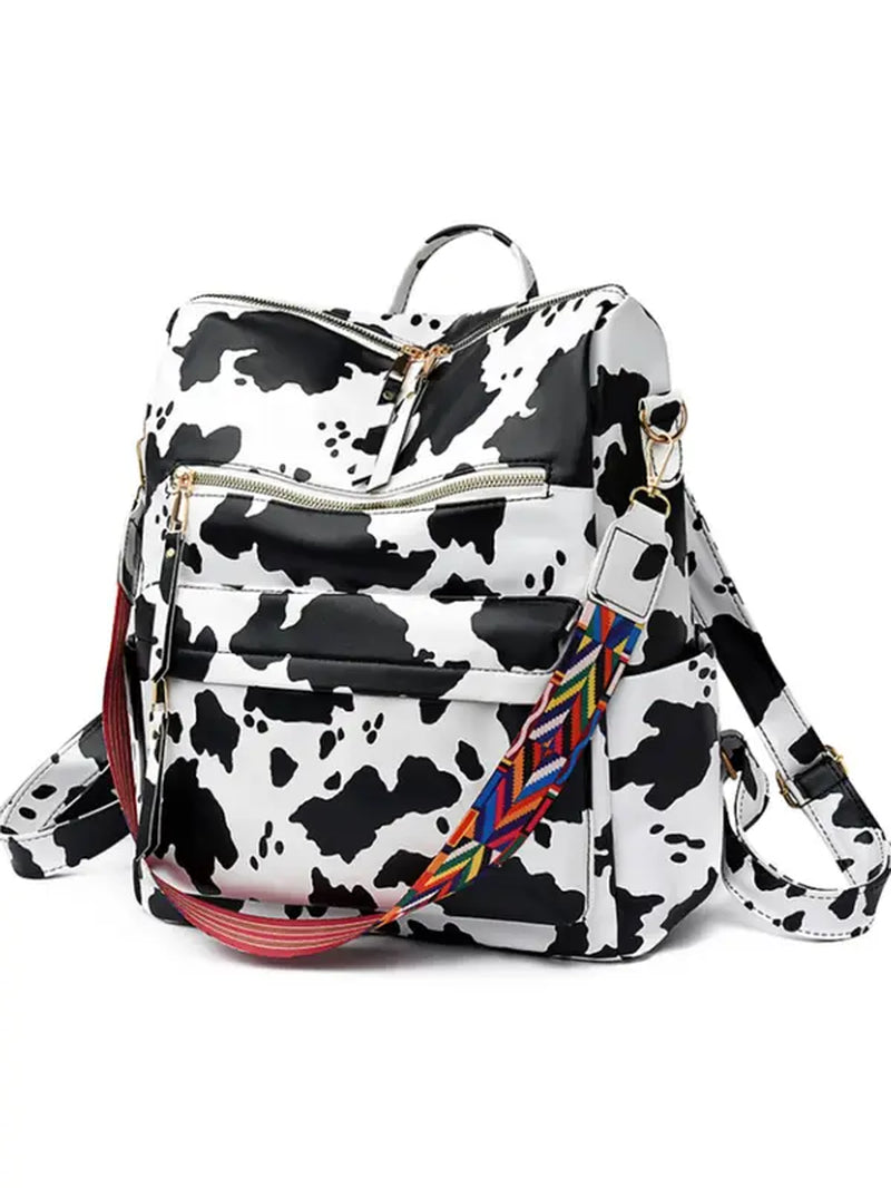 Summer Casual Western Style Cow Print Backpack, Large Capacity Pu Leather Zipper Backpack for Women & Girls, Retro Cowboy for Commuters Back to School