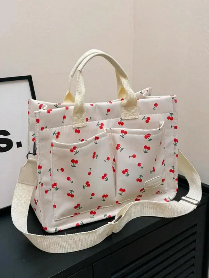 Solid Color/Flower & Fruit & Heart Pattern Summer 2024 Everything Tote Bag for Women, Large Capacity Work Tote Bag, Travel Essentials, Multiple Pocket Work Bag