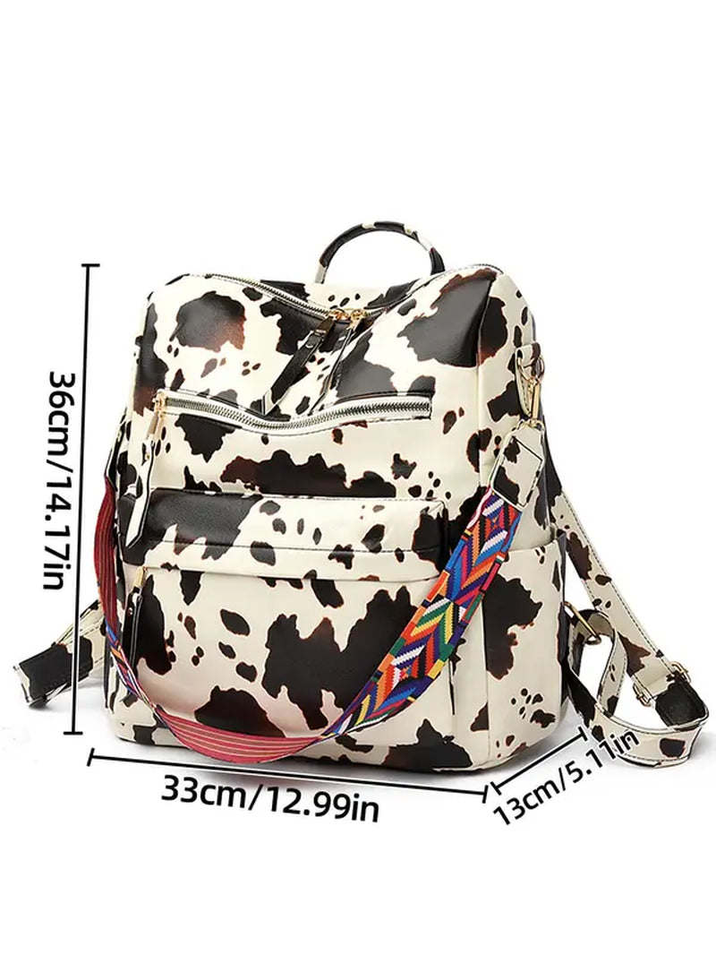 Summer Casual Western Style Cow Print Backpack, Large Capacity Pu Leather Zipper Backpack for Women & Girls, Retro Cowboy for Commuters Back to School