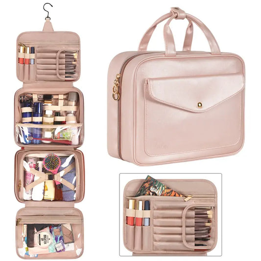 Hanging Makeup Toiletry Bag, Travel Cosmetic Organizer Bags with Metal Snap Handle for Women, Pink