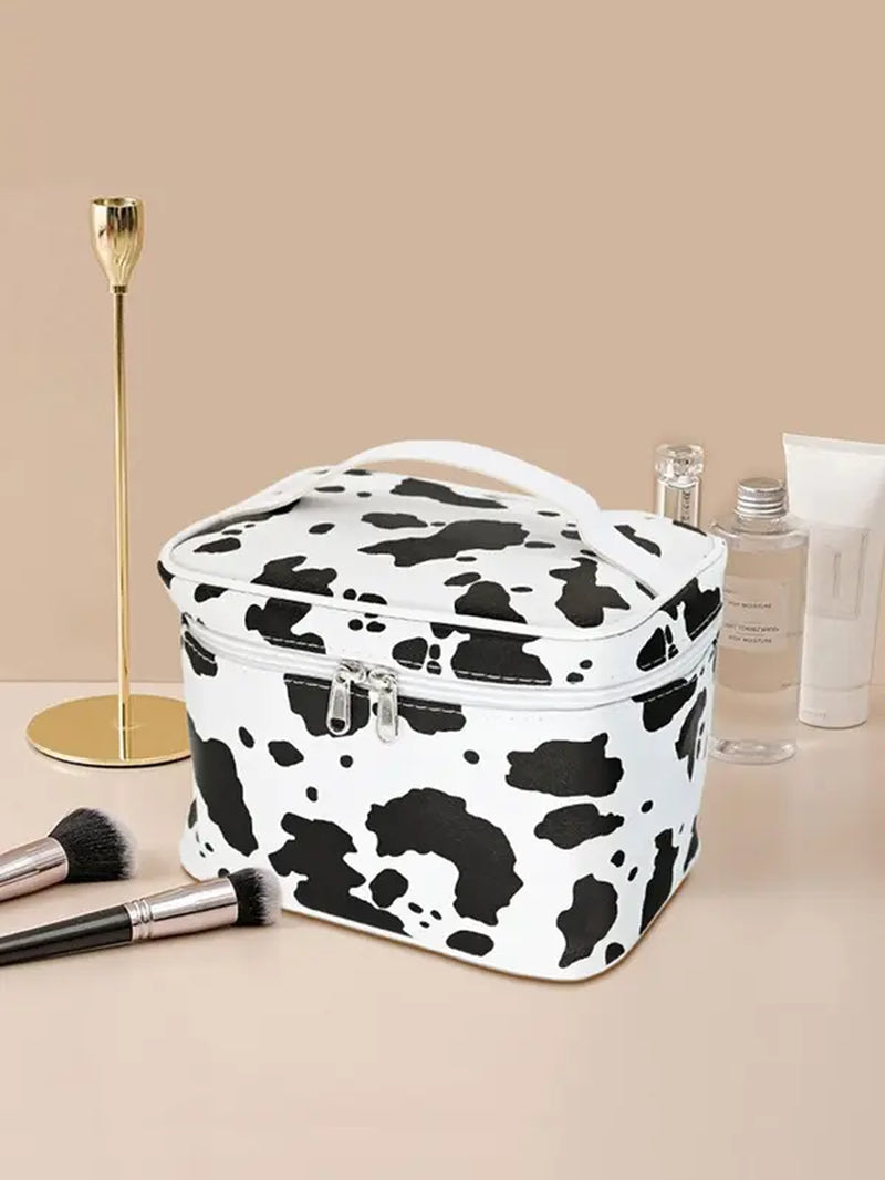 Cute Waterproof Cow Print Makeup Bag, Large Capacity Travel Cosmetic Storage Bag, Portable Toiletry Bag