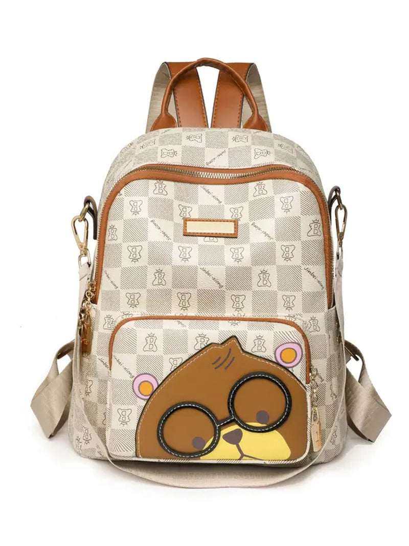 Cute Cartoon Bear Pattern Backpack for Summer, Plaid Print Zipper Backpacks for School for Women & Men, Large Capacity Bookbag for Daily Used and Worked, Spring Trendy Fashion Mini Backpack Bags