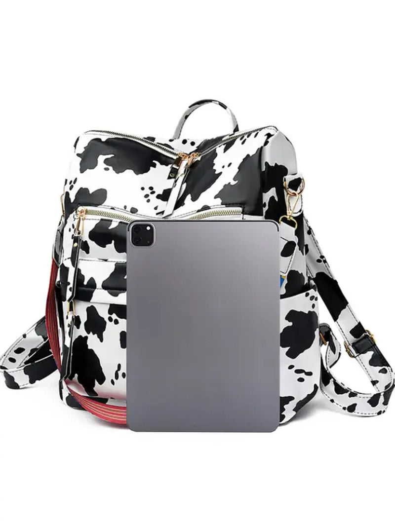 Summer Casual Western Style Cow Print Backpack, Large Capacity Pu Leather Zipper Backpack for Women & Girls, Retro Cowboy for Commuters Back to School