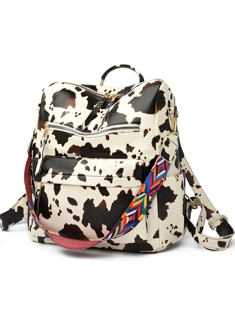 Summer Casual Western Style Cow Print Backpack, Large Capacity Pu Leather Zipper Backpack for Women & Girls, Retro Cowboy for Commuters Back to School