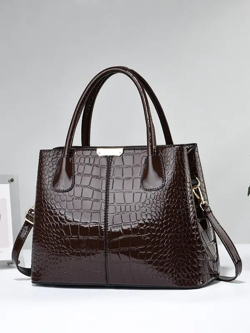 Women'S Minimalist Elegant Plain Tote Bag, Summer 2024 Trendy Crocodile Embossed Large Volume Commuter Handbag with Adjustable Strap for Work & Daily Used