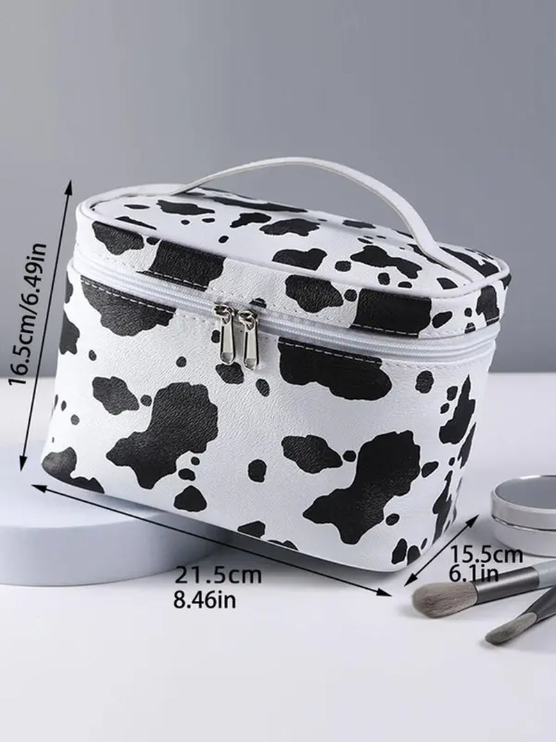 Cute Waterproof Cow Print Makeup Bag, Large Capacity Travel Cosmetic Storage Bag, Portable Toiletry Bag