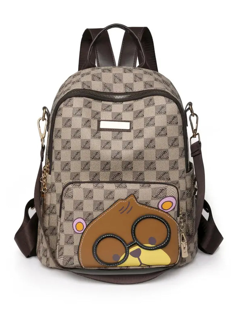 Cute Cartoon Bear Pattern Backpack for Summer, Plaid Print Zipper Backpacks for School for Women & Men, Large Capacity Bookbag for Daily Used and Worked, Spring Trendy Fashion Mini Backpack Bags