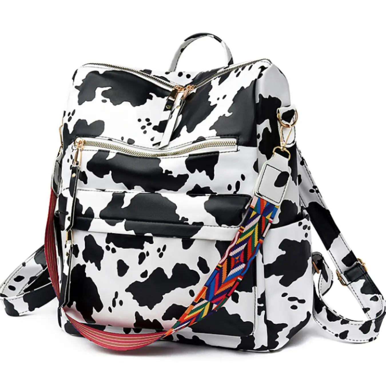 Summer Casual Western Style Cow Print Backpack, Large Capacity Pu Leather Zipper Backpack for Women & Girls, Retro Cowboy for Commuters Back to School