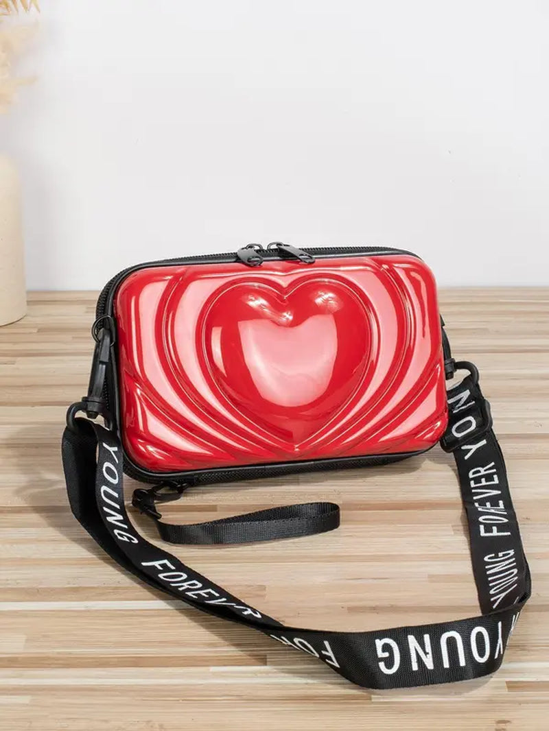 Heart Embossed Letter Print Adjustable Strap Pvc Shoulder Bag, Casual Zipper Crossbody Square Shape Bag for Daily Use, Perfect for Birthday Style for Women