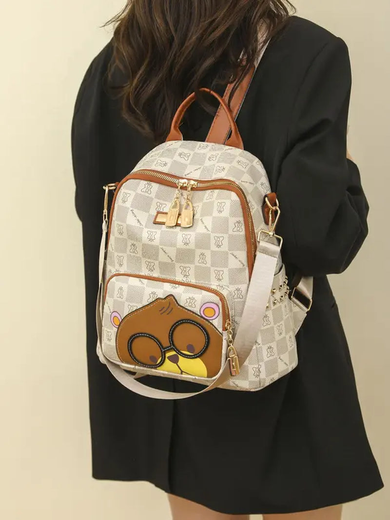 Cute Cartoon Bear Pattern Backpack for Summer, Plaid Print Zipper Backpacks for School for Women & Men, Large Capacity Bookbag for Daily Used and Worked, Spring Trendy Fashion Mini Backpack Bags